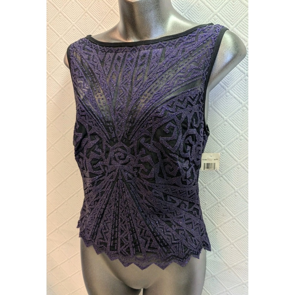 NEW! Tadashi Beaded Top S Black/Purple Sleeveless Stretch Top $198